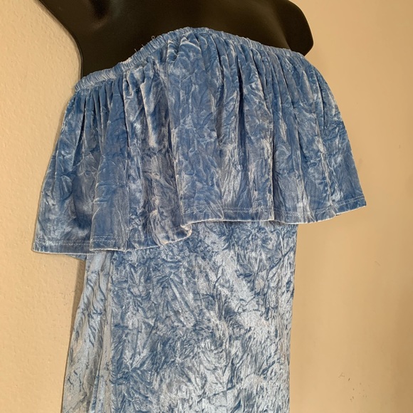 Mono B Blue Strapless Flounce Velvet Bodycon Dress - Picture 4 of 10